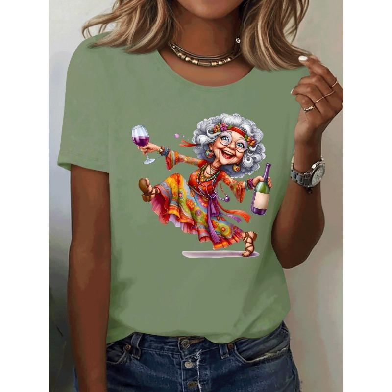 Elegant Granny Graphic Print Women's Summer Casual Short Sleeved T-Shirt Cute Playful Round Neck Tees Top Casual Woman Clothes