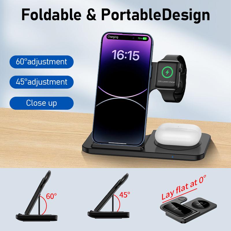 Schreibtisch Schnelles Kabelloses Ladegerät Ständer Pad Faltbar Schnelles Ladestation Dock für iPhone 16 15 14 13 12 Pro Max Apple Watch Airpods