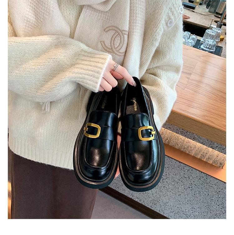 Cowhide Version~ Grape Mother Same British Small Leather Shoes Women's Buckle Thick Sole Thick Heel Heightened Round Head Lazy Loafers