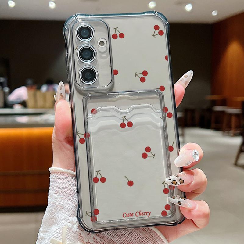 Motif Petite Cerise Fente pour Carte Transparente Coque en Silicone Pour Xiaomi 14T 13T Pro Poco F6 Pro X6 C65 Redmi Note 13 12 Pro 11 Antichoc Fine Souple Housse de Téléphone