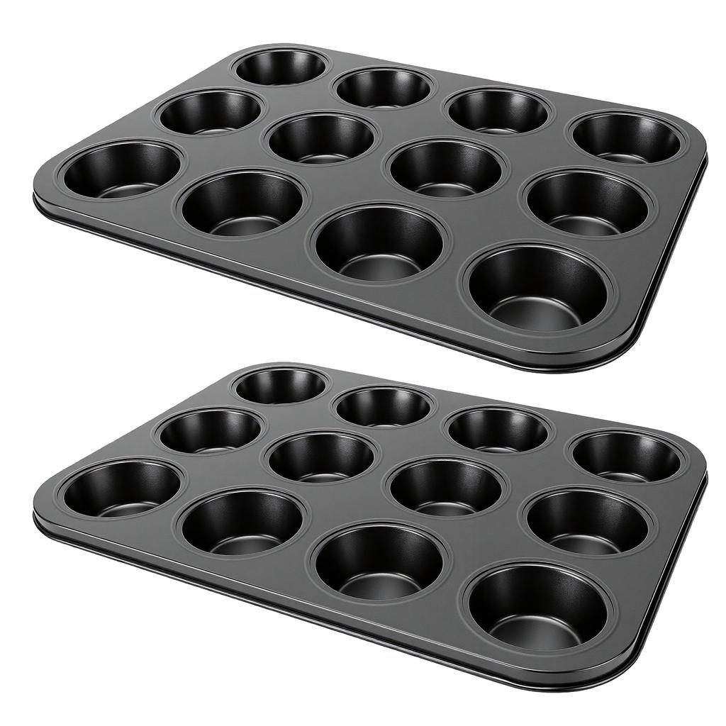 2pcs Nonstick Bakeware Muffin Pans Baking Pan for Cupcakes Carbon Steel Sturdy Even Heat Distribution Easy to Clean 12