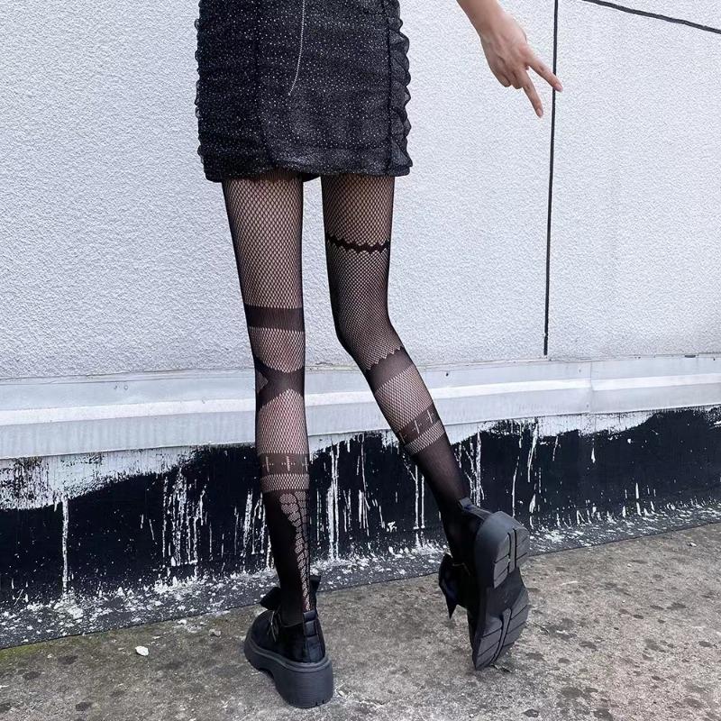 Gothic Lolita Girls Asymmetric AB Style Fishnet Tights Women Sexy Cross Patchwork Pattern Mesh Pantyhose Japan Punk Goth Hosiery