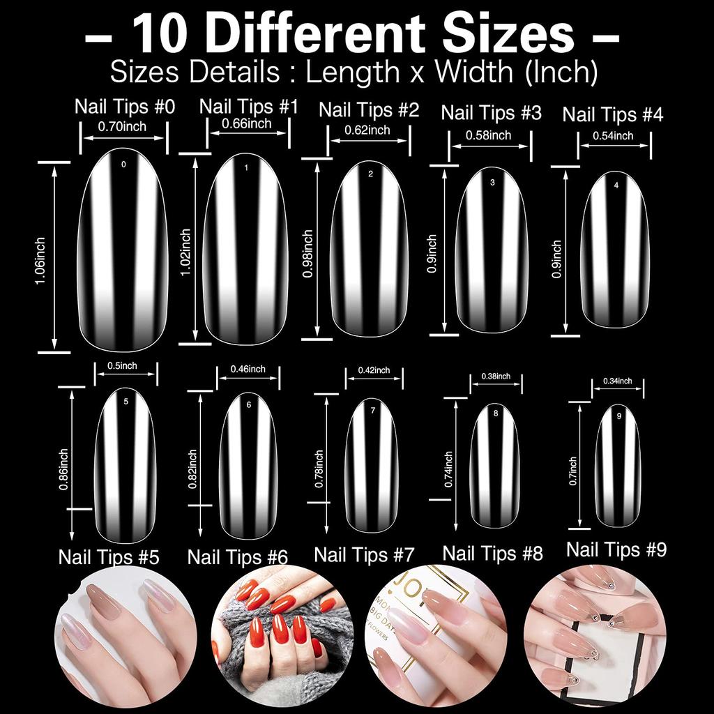 ELECTOMANIA 500pcs Fake Nails - 10 Sizes, Transparent & Acrylic False Nails with Case for Salons & DIY Nail Art (Long Oval)