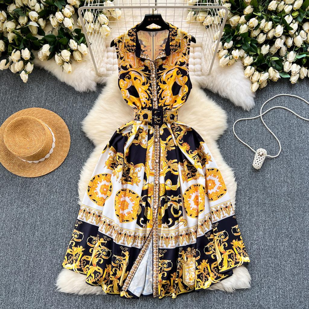 Retro Court Style Printed Dress Women's Summer Sleeveless Waist Thin Design Sense Niche Light Luxury Temperament Long Dress