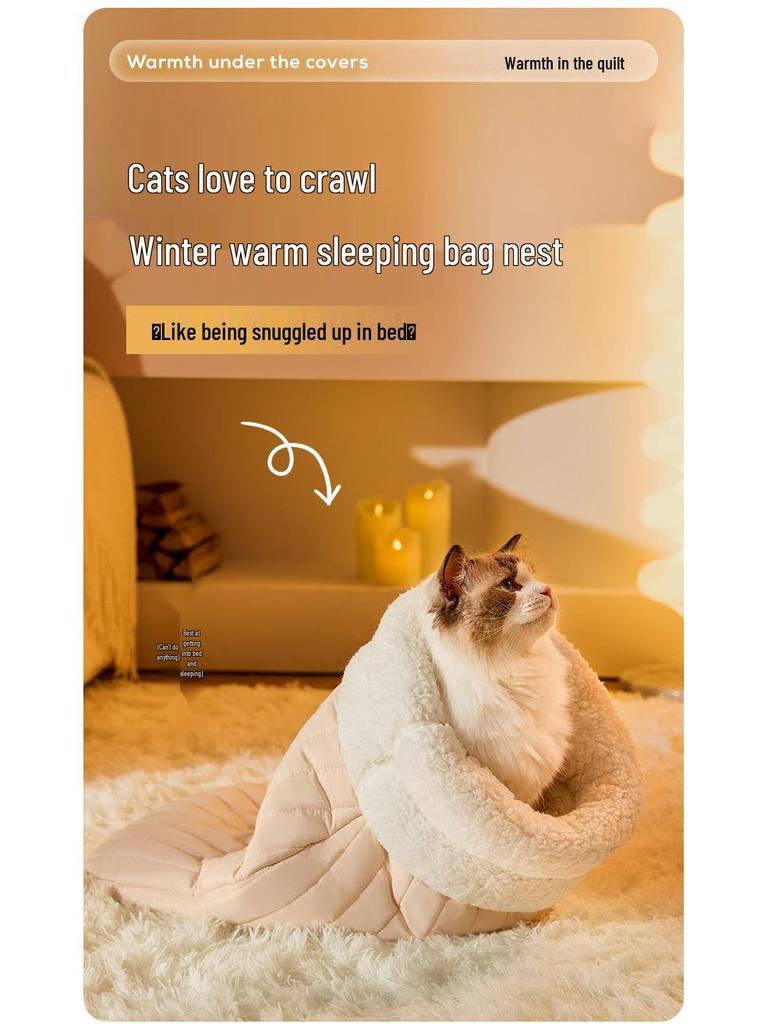 Cozy Winter Cat Bed - Enclosed Down Pocket, Kitten Sleeping Bag Nest, Warm Pet Bed for Dogs.
