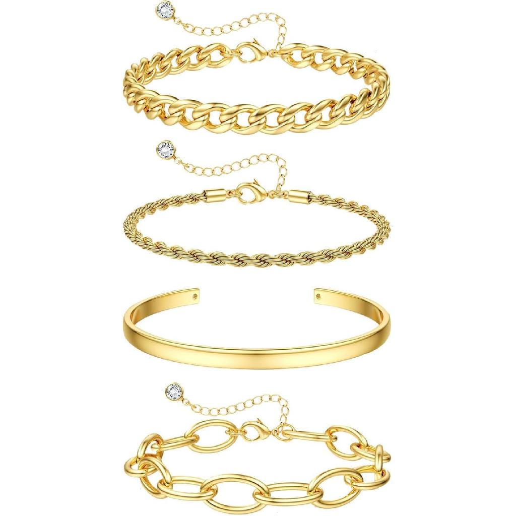 16k Chunky Gold Bracelets for Women Trendy Womens Gold Bracelet Stack Layered Chunky Chain Bracelets Waterproof Link Cuff Herringbone Bracelet