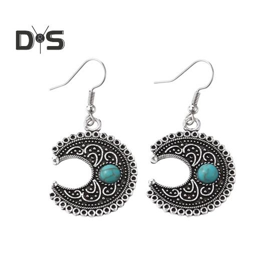 1 par kvinner dingler øredobber etnisk halvmåne form retro bohemsk stil faux turkis rustfri legering ørepynt smykker langhengende øredobber