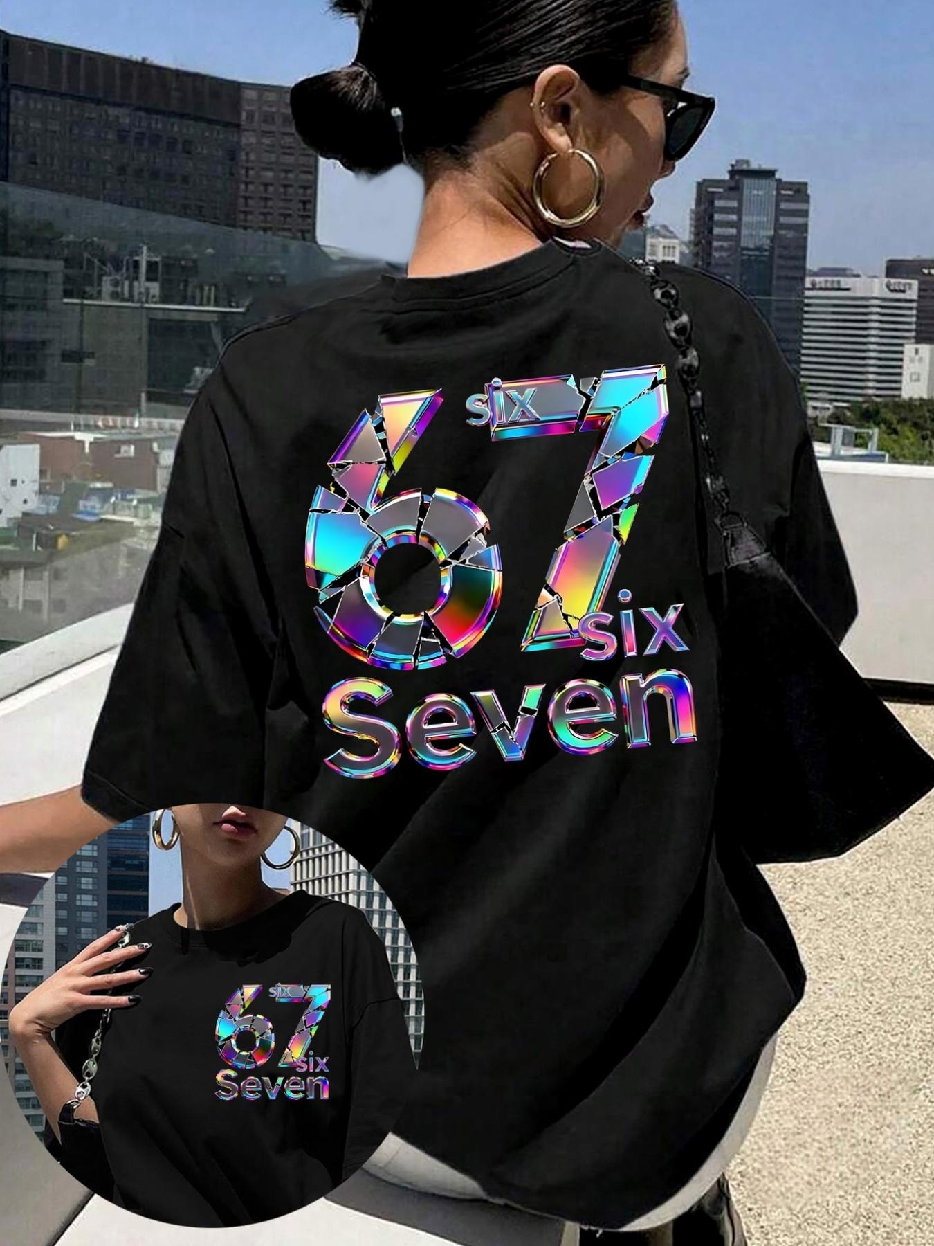 

WomenS Letter Print TShirt 67 Six Seven Black ShortSleeved Round Neck Casual Top Medium Elastic Breathable Fabric S