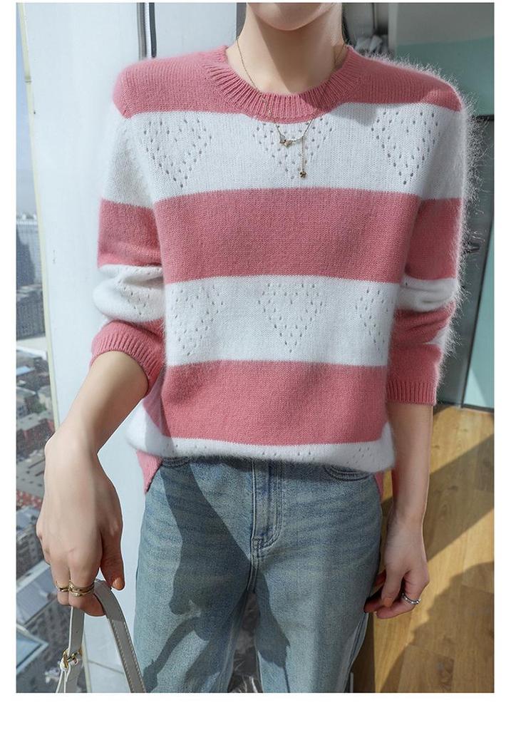 Women's Thickened Mink Velvet Striped Sweater for Autumn/Winter - Round Neck, Long Sleeve Knit Base Layer