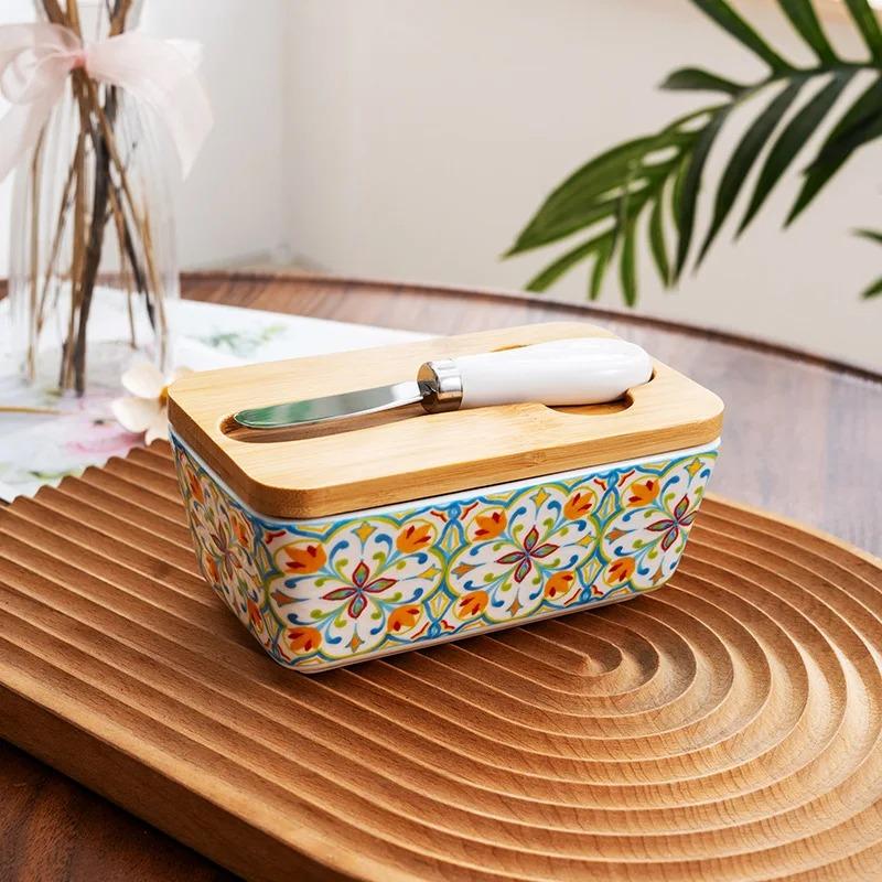 Ceramic Butter Dish with Wooden Lid, Large Butters Container Keeper Storage with Stainless Steel Knife Spreader