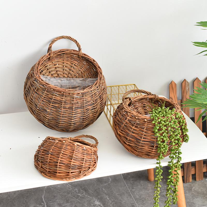 Handmade Rattan and Willow Hanging Basket for Flowers - Blue Pastoral Woven Wall Decor