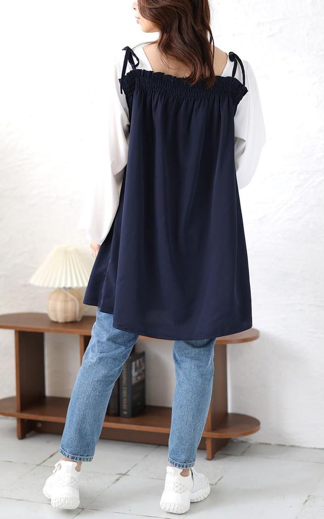 [Gold Japan] Plus Size Women's Tunic, Long Sleeve, Camisole, Voluminous Sleeves, Spring Outfit, Summer, Autumn, Maru-30180, 5L, Navy