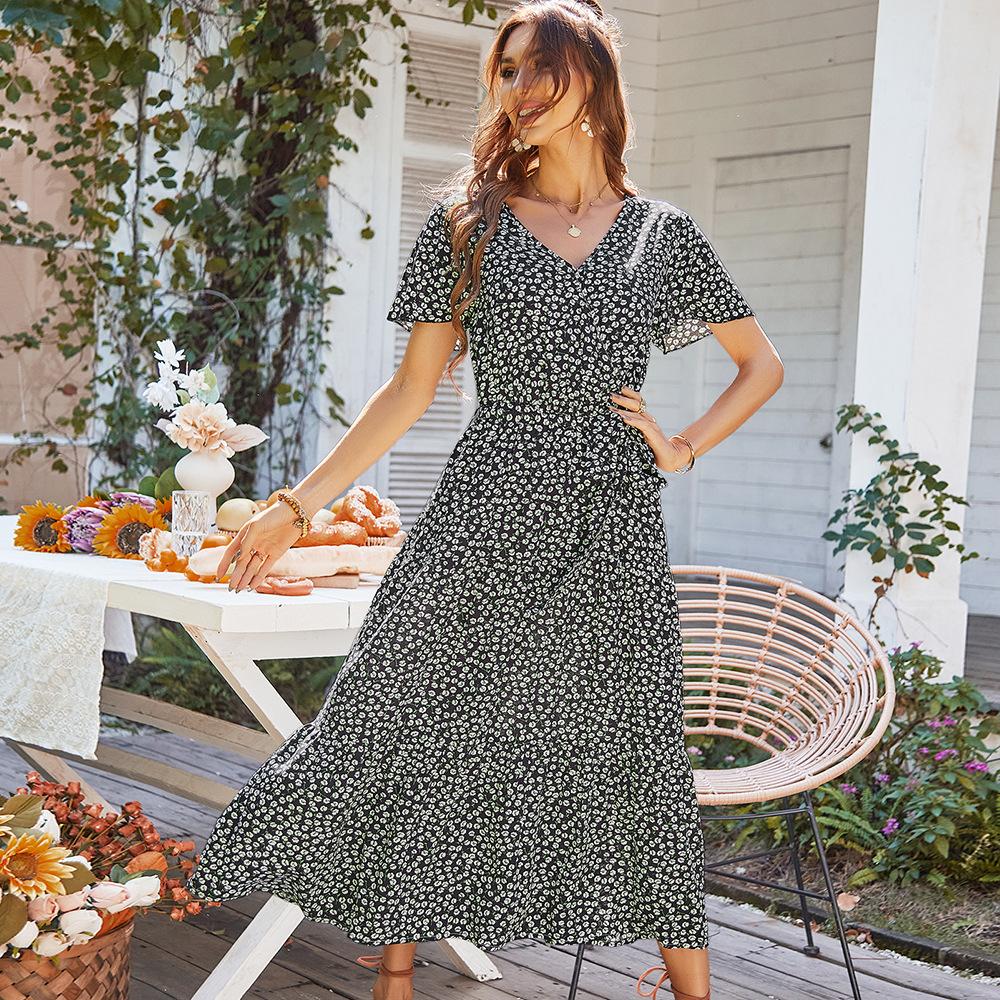 Vår Sommer Bandasje Print Kvinner Casual Kortermet Høy Wasit Floral Holiday Style Dame Lang Kjole