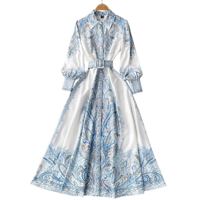 Women Long Sleeve Printed Bohemia Casual Vacation Midi A Line Dress
