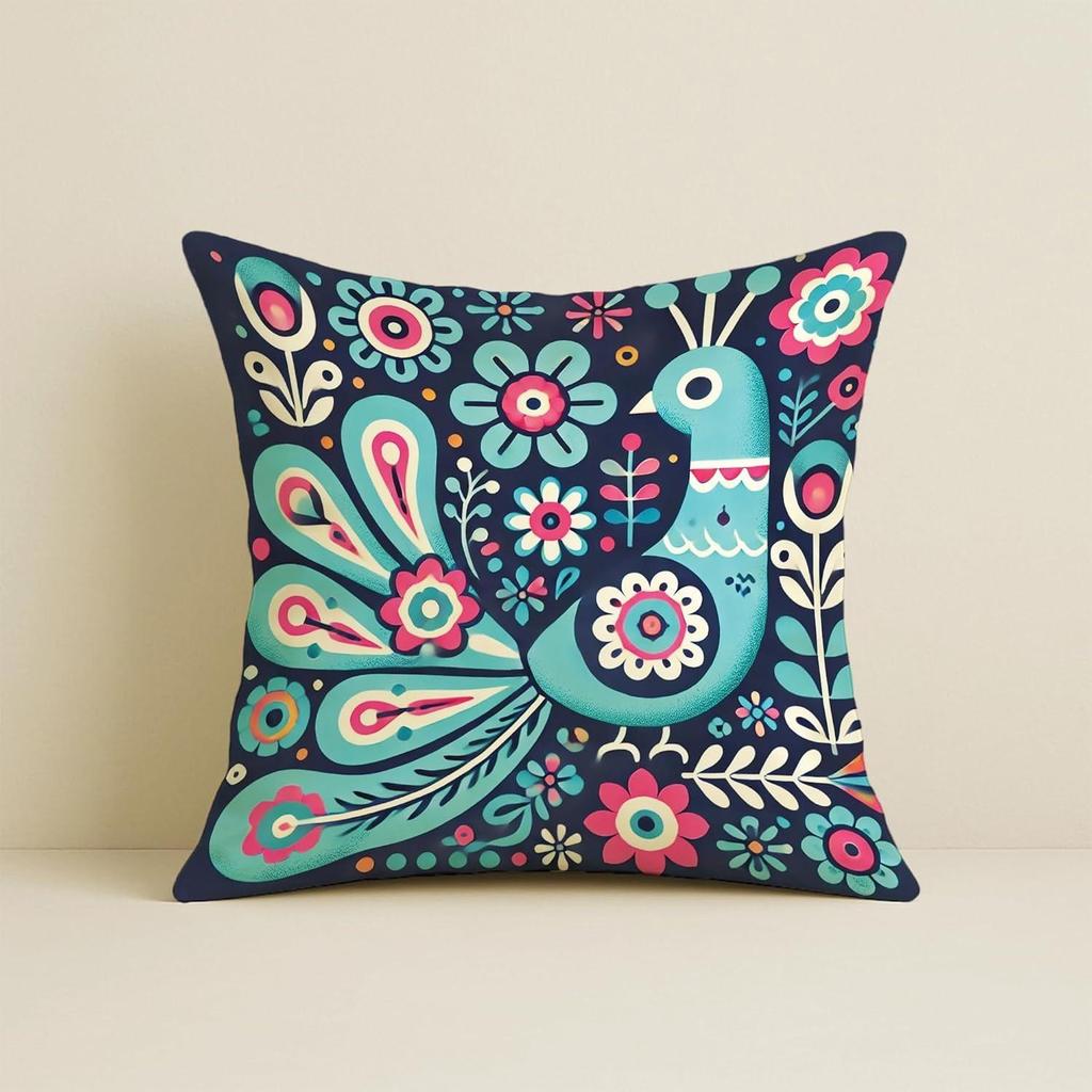 Folk Art Satin Cushion Covers Peacock & Botanical Motif, 16x16 Inches, Decorative Set for Living Room (Pack of 5)
