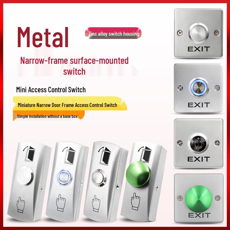 Narrow Frame Metal Exit Button Switch, Surface Mounted, Self-Resetting, Normally Open/Closed, Mini Type with Back Box.
