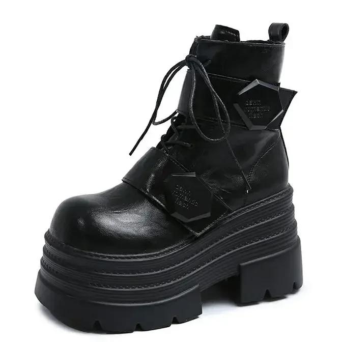 Fashion 10.5CM Winter Women Thick Sole Warm Fur Ankle Boots Platform Leather Motorcycle Boots High Heels Plush Chunky Punk Shoes Woman