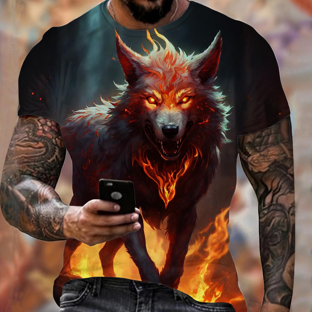 Summer Men's Lightweight Fitness Sports T-Shirt Cool Fire Wolf Graphic 3D Print Short Sleeve Casual Loose Streetwear Men's Tops