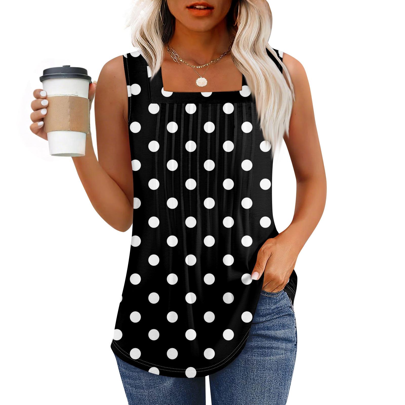 

Майка для женщин Летние наряды Без рукавов Блузки с принтом Повседневные свободные рубашки Плиссированные квадратные вырезы L чёрный