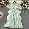 2026 retro embroidery hollow lace lapel breasted slim-fit long age-reducing bubble sleeve dress women