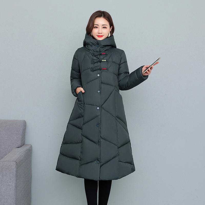 Dámský zimní kabát s kapucí, dlouhý po kolena