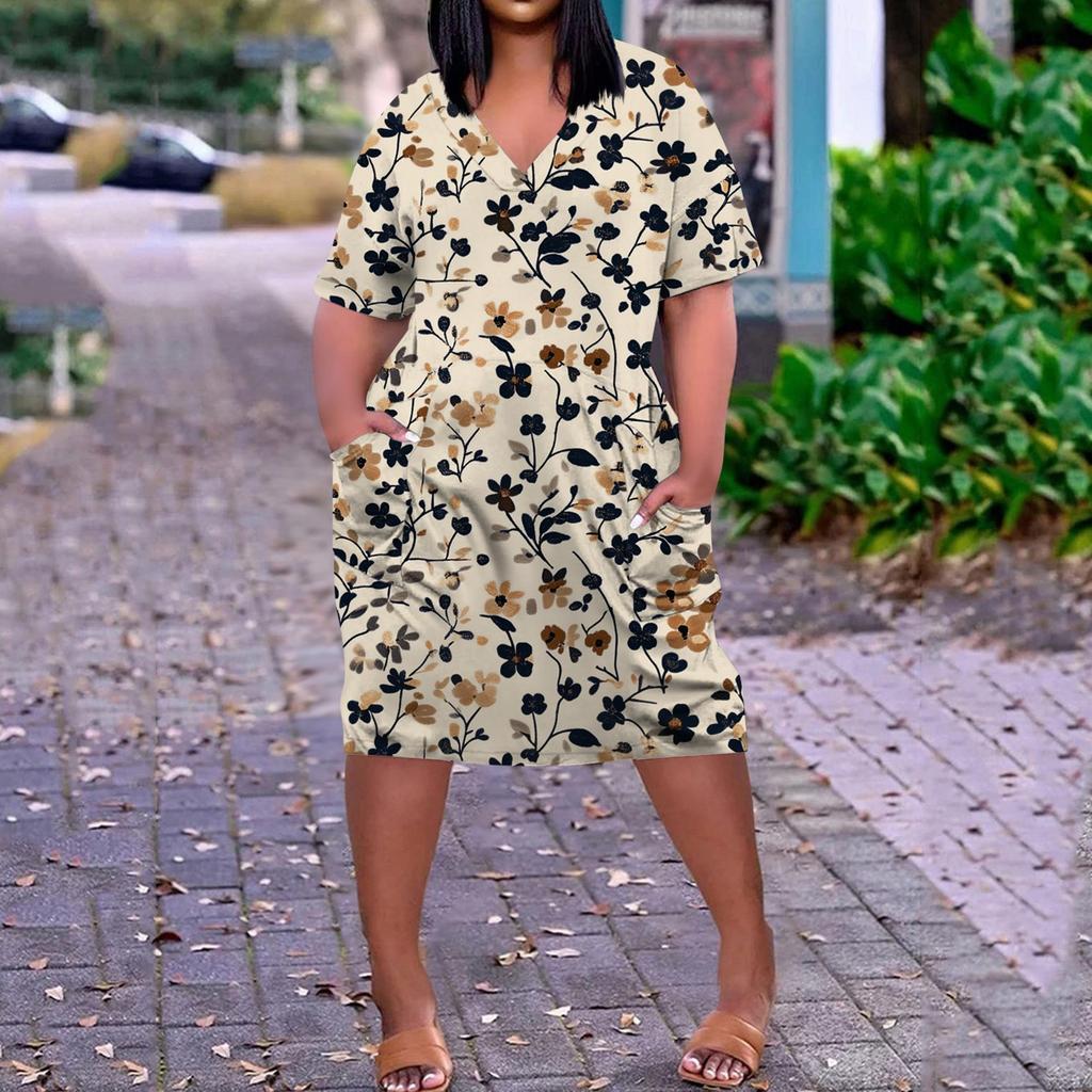 Summer Plus Size V Neck Short Sleeve Knee Pocket Print Casual Dress For Women
