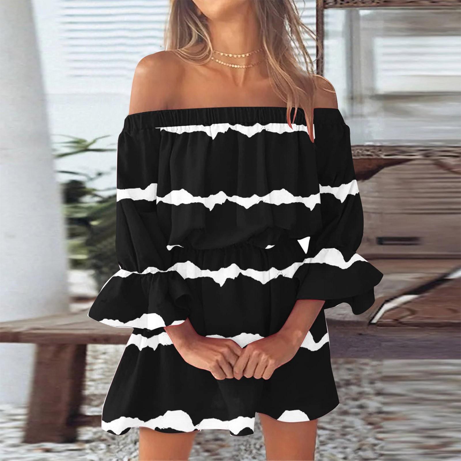 

Женское повседневное сексуальное платье трапециевидной формы на одно плечо со средней талией и принтом с рюшами и рукавами XXL чёрный