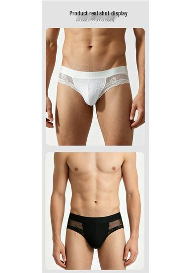 2026 Men's Breathable Mesh Lace Thong Underwear - High Elasticity, Solid Color Briefs