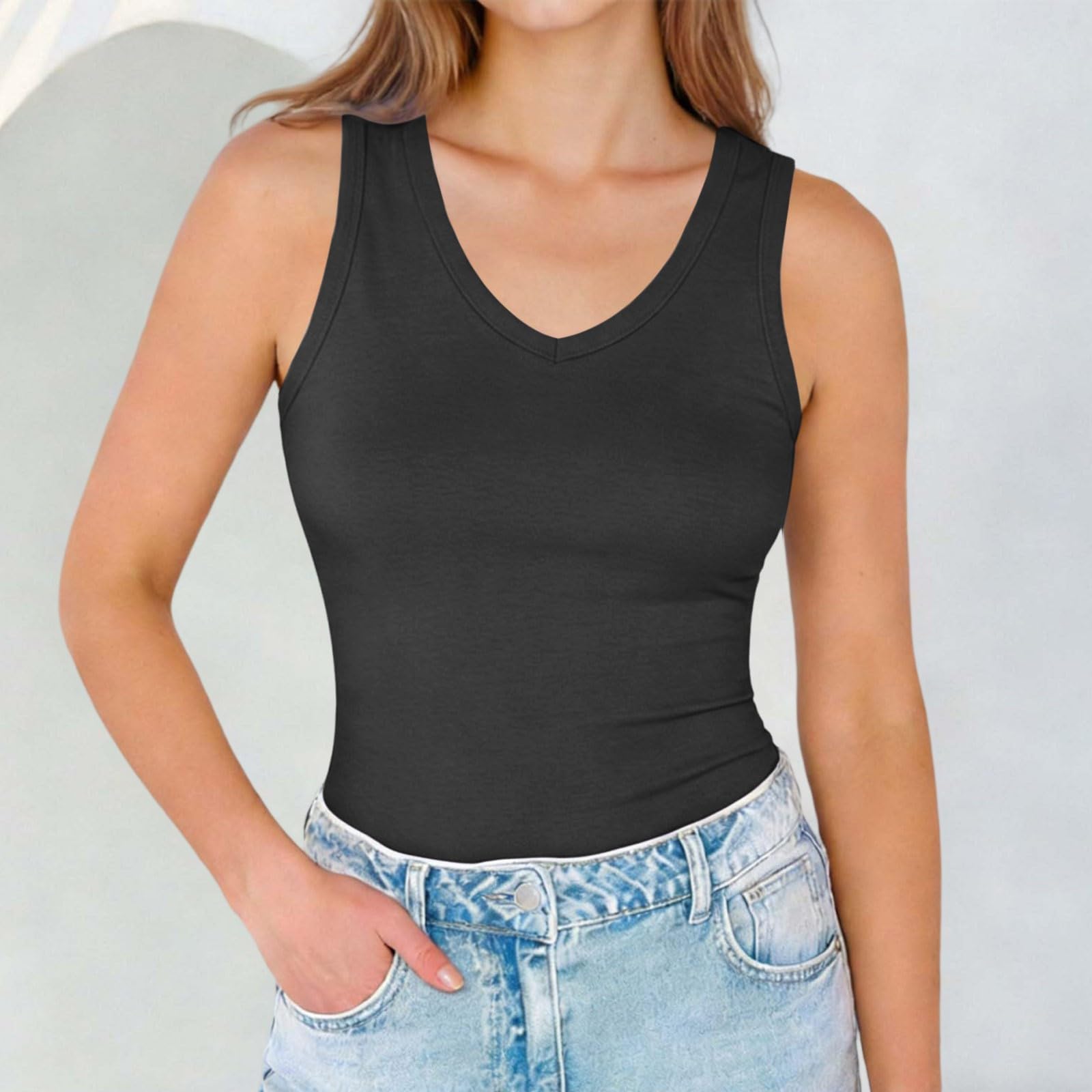 

Women s Sleeveless V Neck Tank Top Casual Summer Basic Stretchy Fit Soft Fabric Lightweight Layering Shirt S
