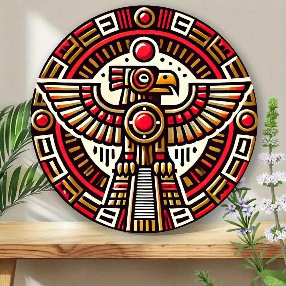 Vibrant Eagle Aztec Geometric Metal Wall Art, Round Aluminum Sign for Home Decor