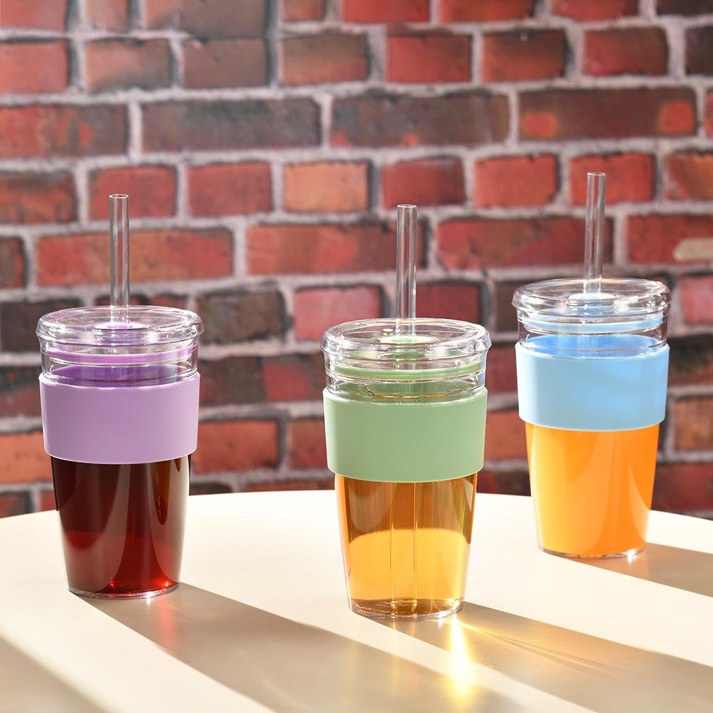 450ml Tritan Straw Cup Water Bottle Coffee Mug with Sleeve Portable Drinkware for Home/Office (No FDA, BPA-Free)