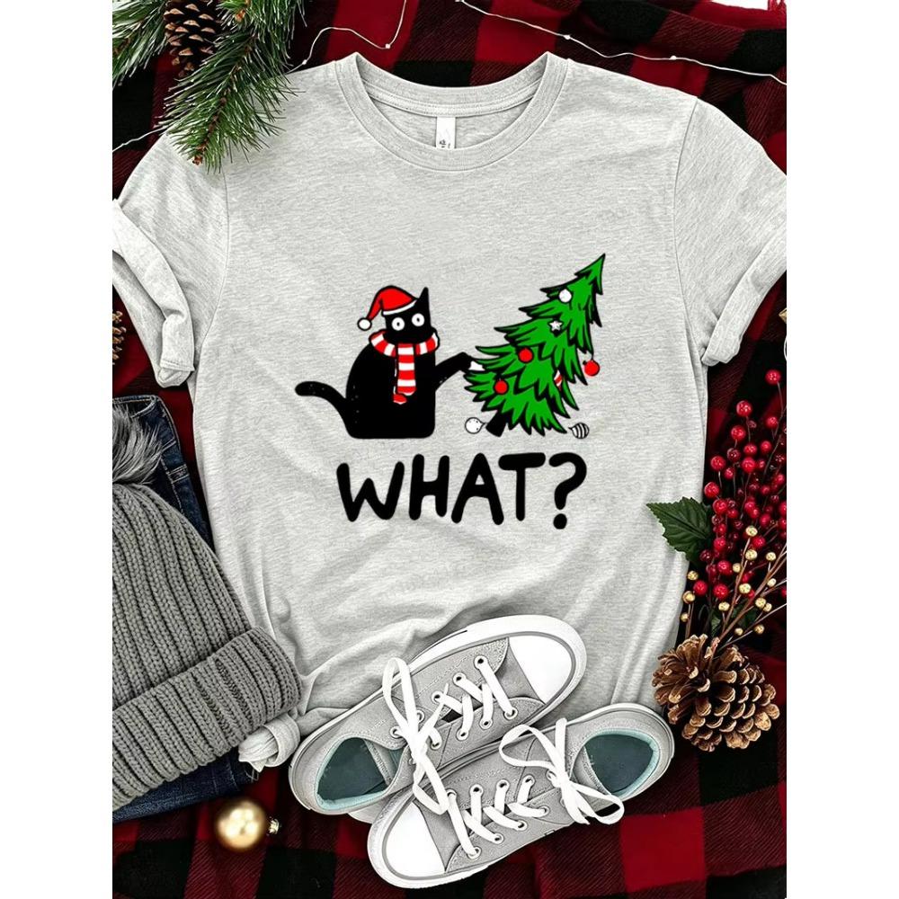 Christmas Cartoon Cat Xmas Tree Print Graphic Print T-shirt Women Fashionable Comfortable Breathable Soft Casual Sports Short Sleeve Cotton T-shirt