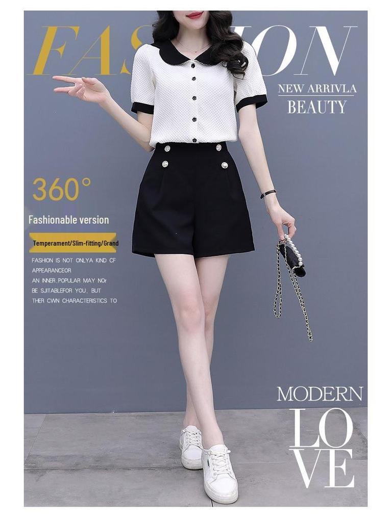 Women's Summer Color Block Doll Collar Two-Piece Set: Short Sleeve Top & Shorts
