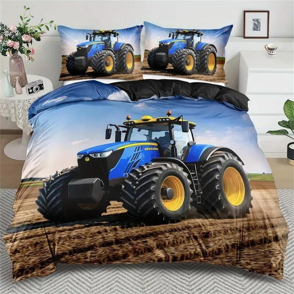 Kids Single Duvet Cover Set for Boys, Cartoon Car Tractor Excavator Bedding for Teenage Boy, Equipment Trucks Quilt Cover set