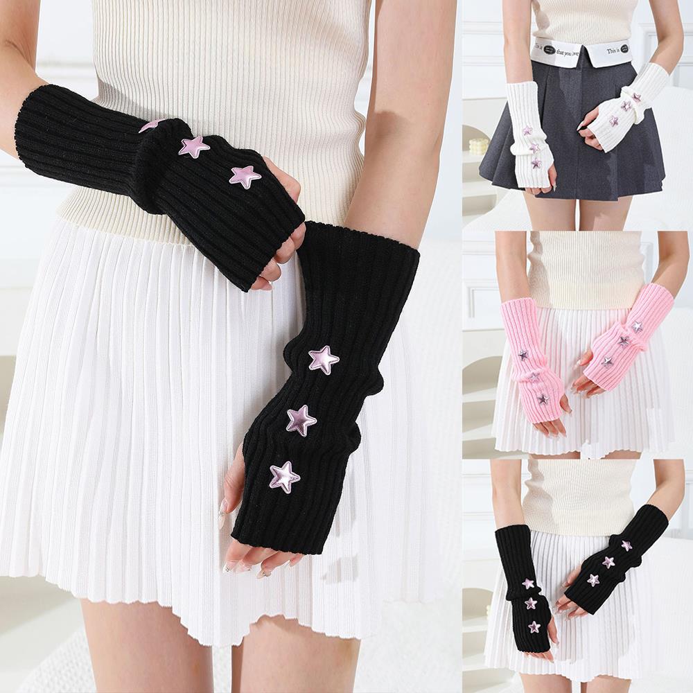 Y2k Fingerless Gloves Women Winter Warm Arm Sleeve Knitted Star Decoration Mitten Casual Long Wrist Mittens Punk Gothic Gloves