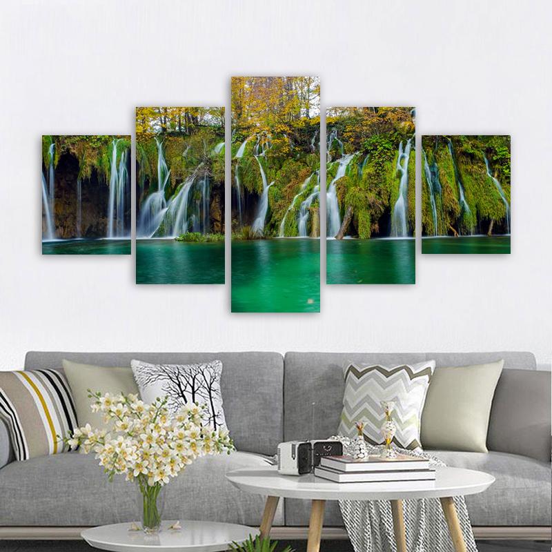 5 Panels Landscape Waterfall Posters and Prints Canvas Painting Wall Art Pictures Living Room Home Decor Lake Tree No Frame