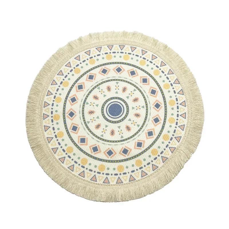 Boho Round Table Mat Hand-woven Linen Tassel Placemats Non-Slip Embroidery Dining Table Insulation Bowl Pads Kitchen Decoration