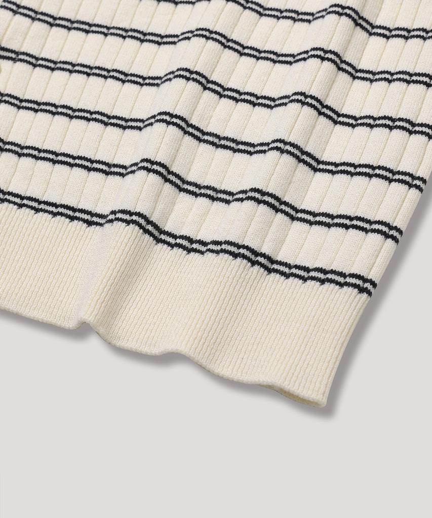 Nodu Block Stripe Round Knit Cardigan [Ivory]