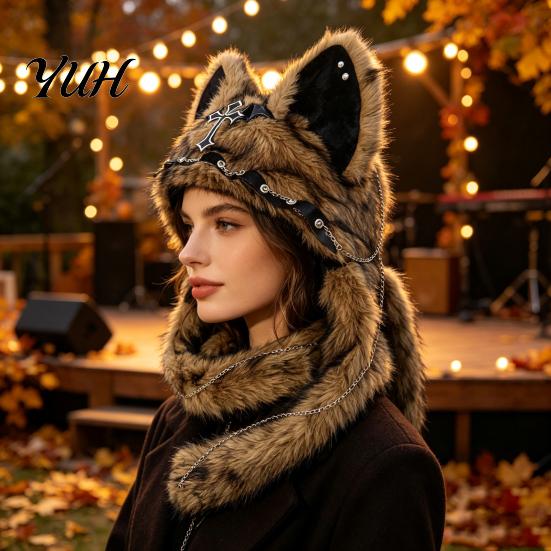 Autumn Fashion Accessory Cute Plush Animal Hat, Furry Cat Ear Headwear, Winter Hat Soft Warm Cap for Halloween Party Costume, Cosplay Accessories