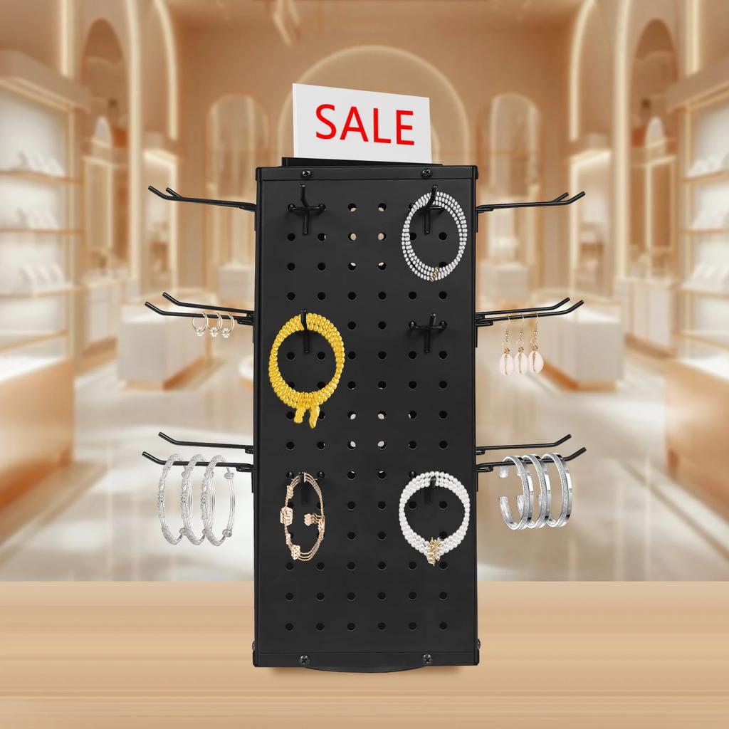 360° Rotating Pegboard Display Stand - 4-Sided Craft Organizer with 24 Hooks - 17in Modern Steel Storage Rack for Home & Office