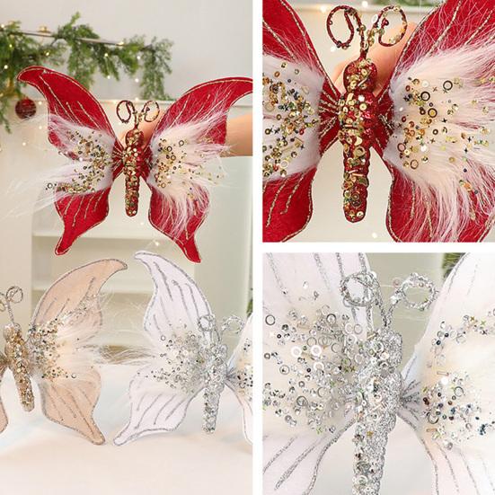 Glitter Butterfly Christmas Ornaments Artificial 3D Sequined Butterfly with Feather for Christmas Tree Crafts Flower Bouquets Fairy Garden Home Decor