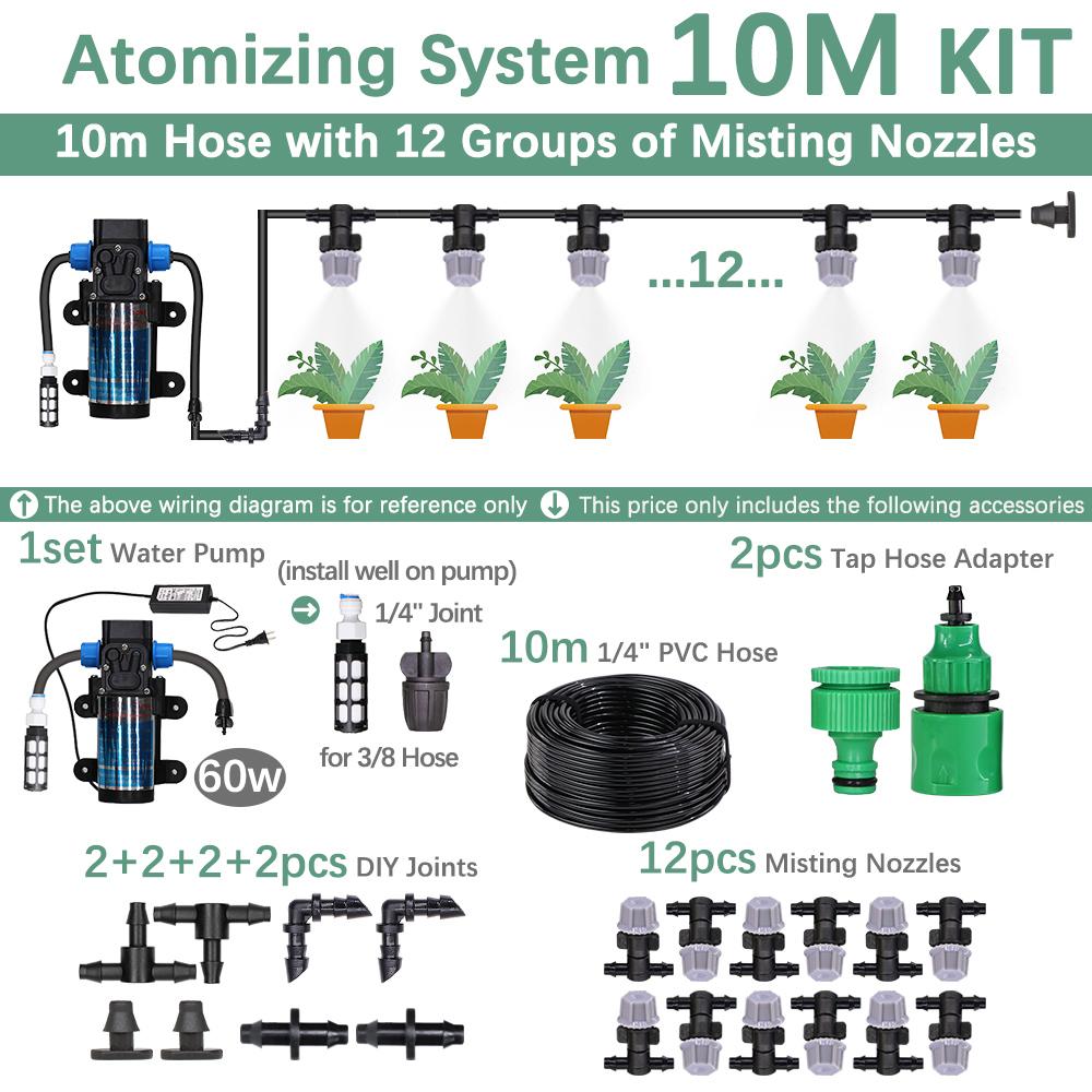 30-10m 60W Self-priming Pump Kit Misting Cooling System 1/4" 4/7mm Adjustable Nozzle Atomizer Sprayer Garden Irrigation Watering