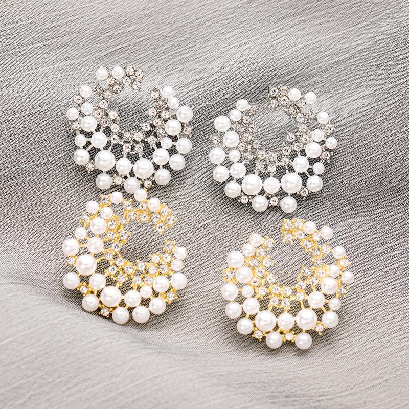 Korean Luxury C-Shaped Pearl & Diamond Imitation Silver Earrings - Versatile High-End Fashion