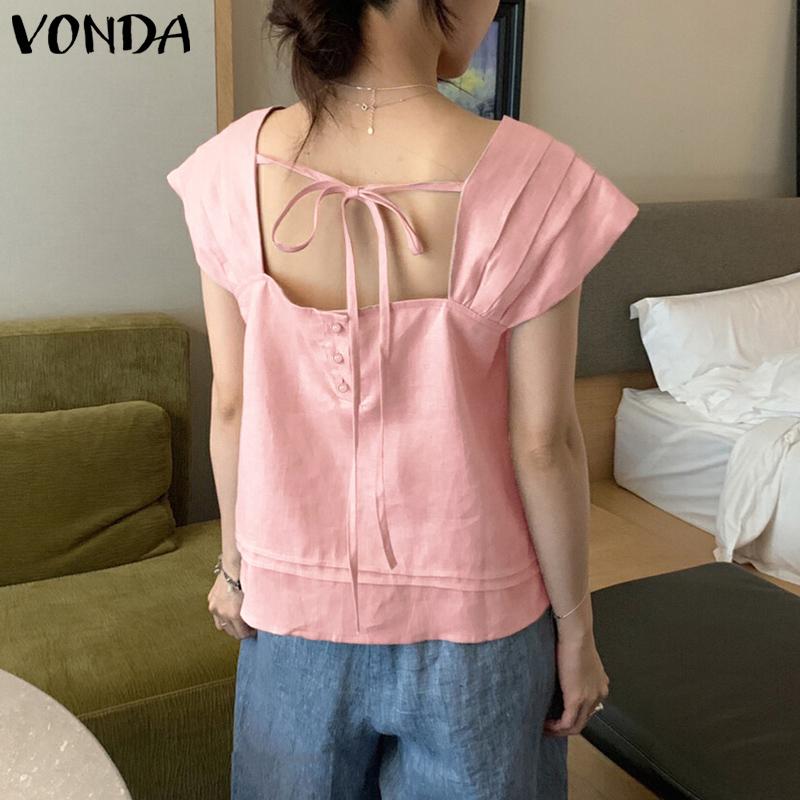 VONDA Women Square Collar Casual Pleated Short Sleeve Blouse Tops