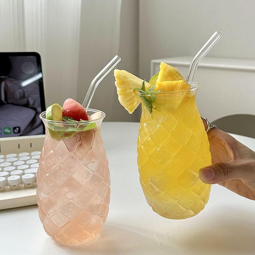 with Straw Pineapple Shaped Glass Cup Transparent Coffee Mug Creative Cold Drink Cup  Home