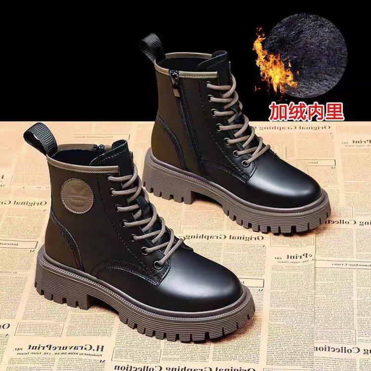 Dámské kotníkové boty 2025 Nové podzimní a zimní jednoboty Silná podrážka Měkká kůže Plus samet Britský styl Motocyklové boty