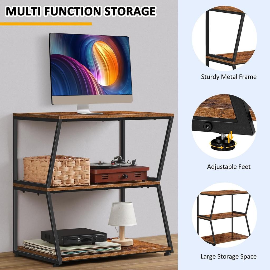 3-Tier Rustic Media Stand | Corner AV Cabinet W/ Storage Shelves | for Stereo/Game Consoles/DVD/Record Player | Brown