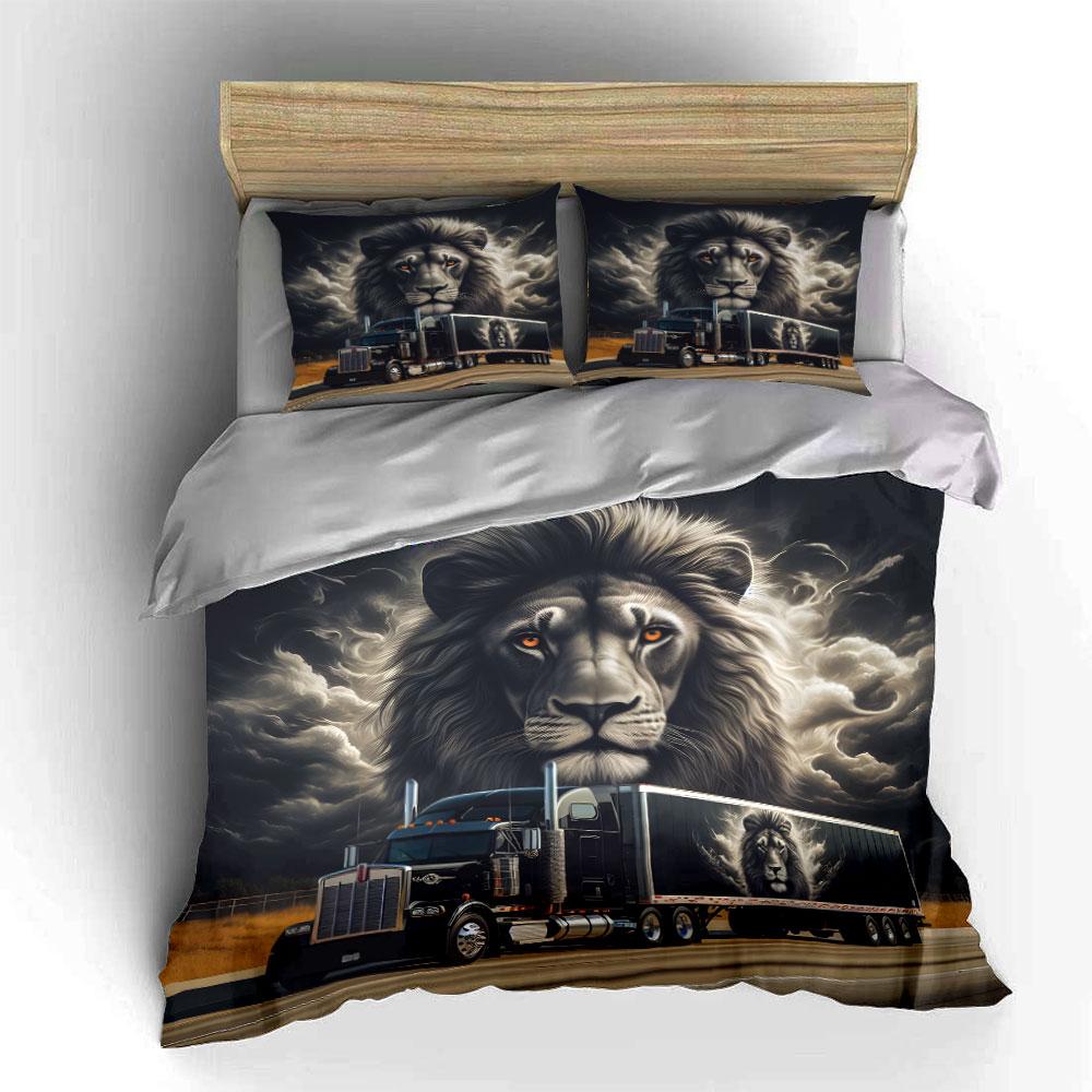 Bold Lion-Themed Truck Design Exquisite Three-Piece Bedding Set Gift For Kids And Adults