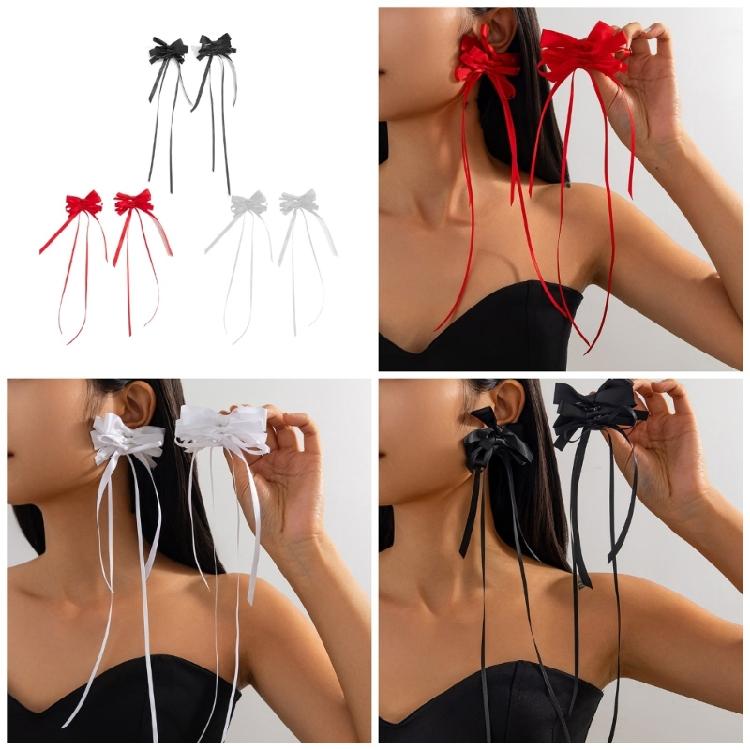 Stylish Long Ribbon Earrings Trendy Rose Knot Earrings with a Playful Long Ribbon Accent Ear Drop Accessory