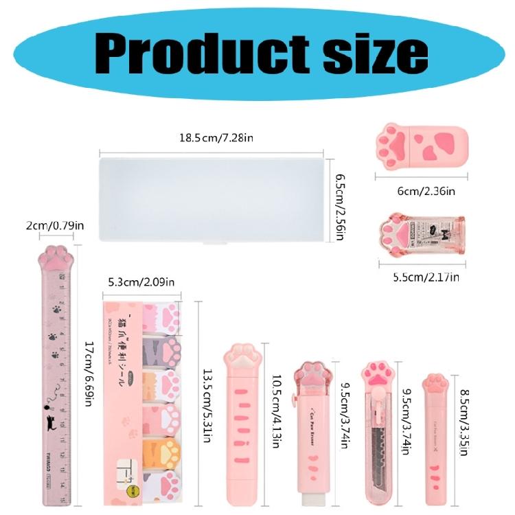 9 Pcs Cats Paws Stationery Set Eraser Correction Tape Pencil Case Class Reward Prizes Learning Gift Box for School